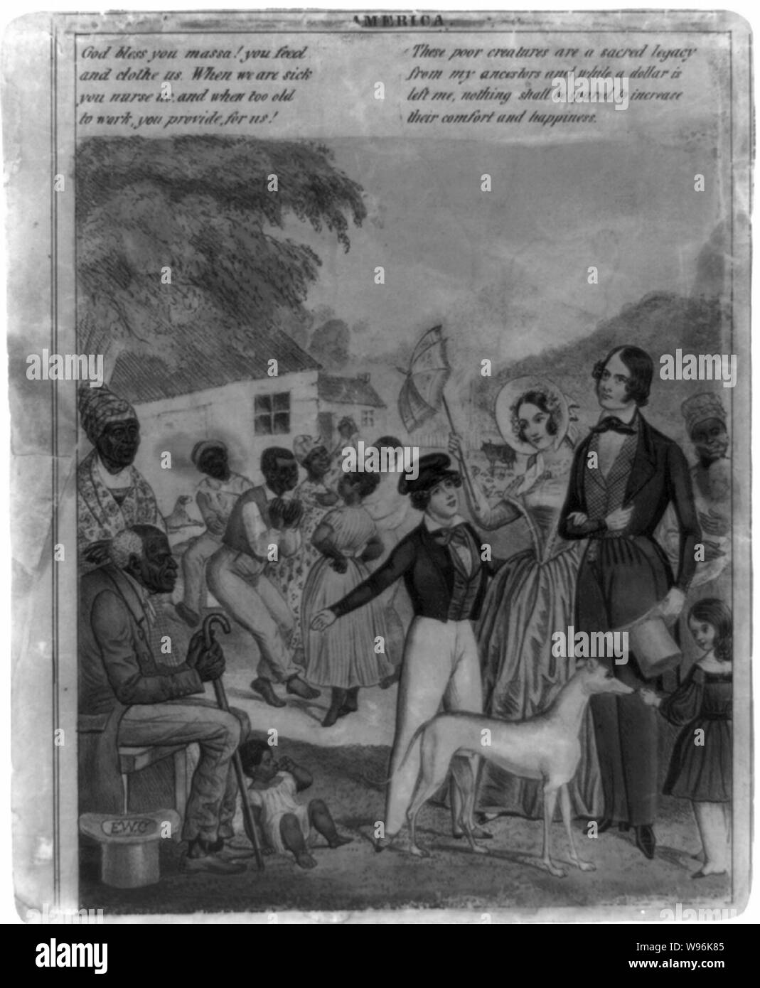 Amerika Abstract: Drucken zeigt eine idealisierte Darstellung der Amerikanischen Sklaverei und die Bedingungen der Schwarzen unter diesem System im Jahre 1841. Der Bibliothek Eindruck der Print ist ein Fragment - der linken Bedienfeld nur - - mit einem größeren Druck berechtigt, Schwarze und Weiße Sklaverei, die die Notlage von Großbritanniens missbraucht white Slaves (eigentlich Fabrikarbeiter, im rechten Fensterbereich dargestellt) und America's Zufriedene schwarze Sklaven Kontraste. Weitenkampf schlägt zu Recht, dass Drucke wie diese durch die nördlichen Apologeten für Sklaverei veröffentlicht wurden. Die Arbeit einer solchen Apologet, E. W. Clay, zeigt eine konsequente Mangel an Sympathie für Stockfoto