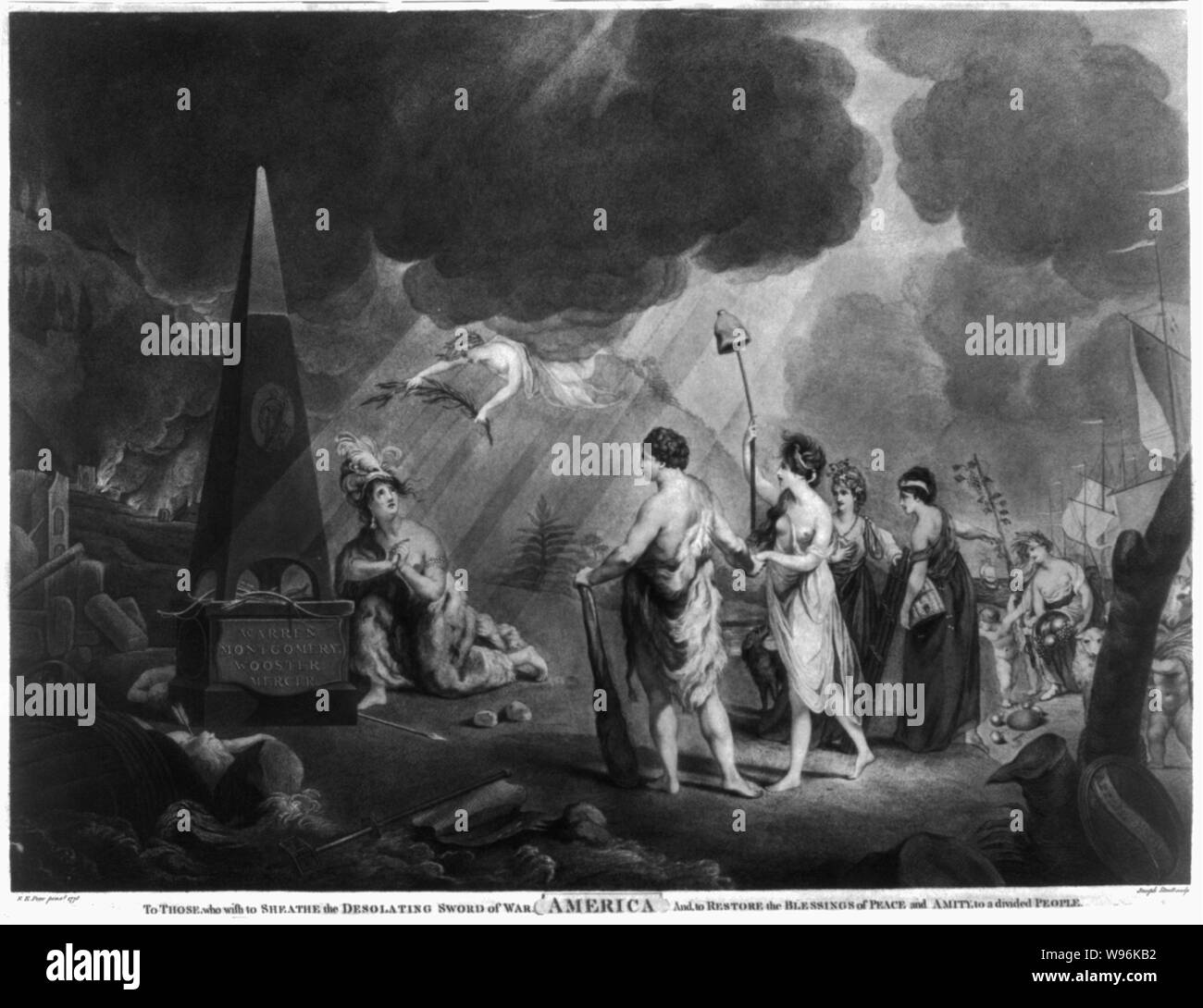 Amerika. Für diejenigen, die es wünschen die verheerende Schwert des Krieges in die Scheide stecken. Und, um die Segnungen des Friedens- und Freundschaftsvertrag wiederherzustellen, zu einer geteilten Menschen Abstract: Drucken zeigt eine Allegorie auf die Wiederherstellung von Frieden und Wohlstand nach Amerika nach der Revolution. Der Druck ist auf einer 1778 Gemälde von britischen Künstlers Robert Kante Kiefer, die durch einen Brand im Jahre 1803 zerstört wurde. Es war eine von mehreren antimonarchial Werke von Kiefer während der Revolution gemalt. Ein 1784 Katalog der ein Philadelphia Ausstellung der Kiefer Malerei beschreibt es wie folgt: Ein Bild im Jahr 1778 gemalt, die die folgenden Alle Stockfoto