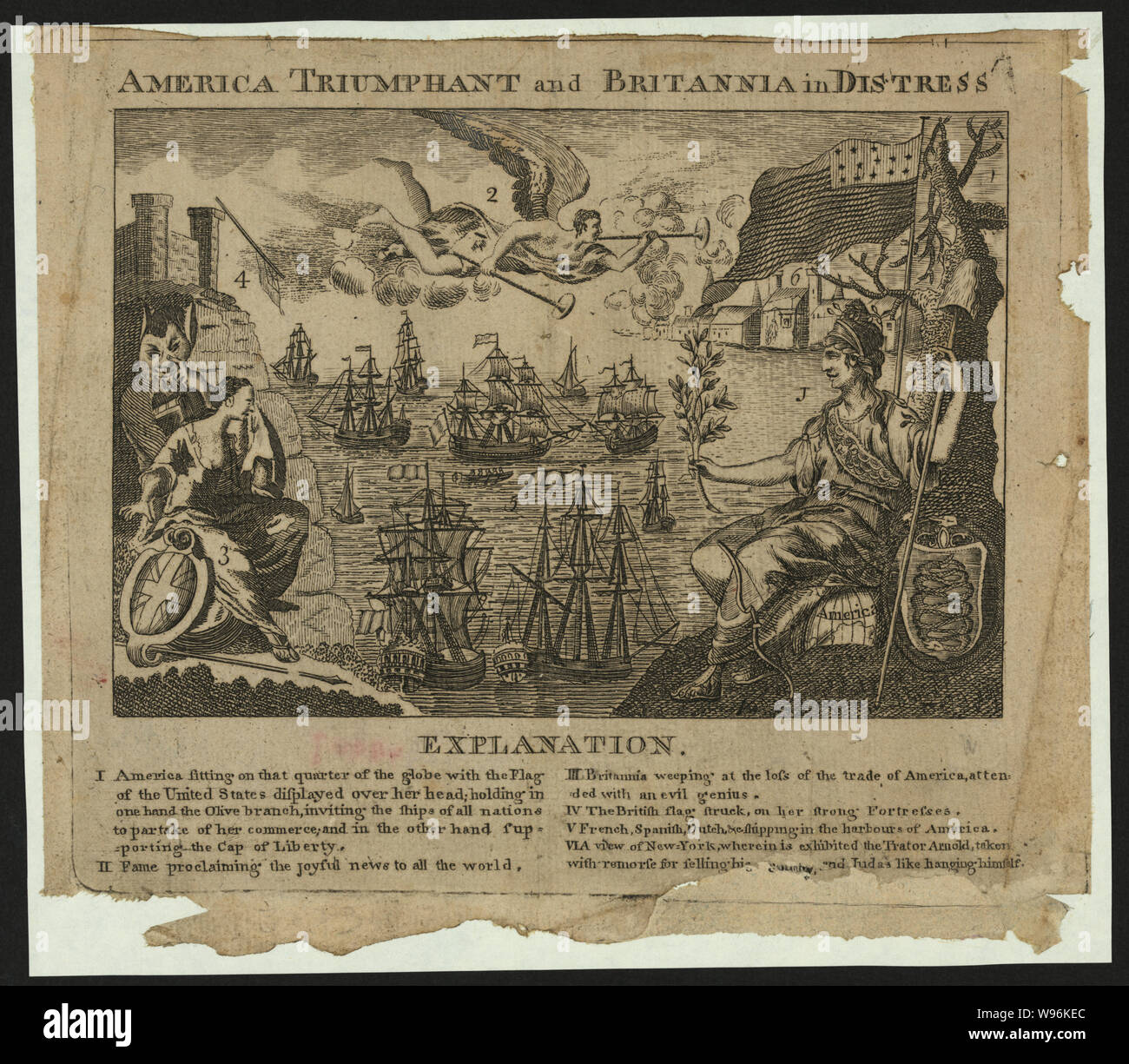 Amerika triumphierend und Britannia in Not Abstract: Eine grobe Allegorie des amerikanischen Wohlstands und der Sieg über England. Unter dem Bild eine Erklärung lautet: Ich Amerika sitzen auf das Viertel der Erdkugel mit der Flagge der Vereinigten Staaten angezeigt über den Kopf hält in der einen Hand den Ölzweig, lädt die Schiffe aller Nationen ihres Handels zu Abendmahl und in der anderen Hand den Deckel der Freiheit. II Ruhm verkünden die Frohe Botschaft in alle Welt. III Britannia weinten vor dem Verlust der Handel mit Amerika, mit einem bösen Genie besucht. IV Die Britische Flagge Struck, auf ihre starke Stockfoto