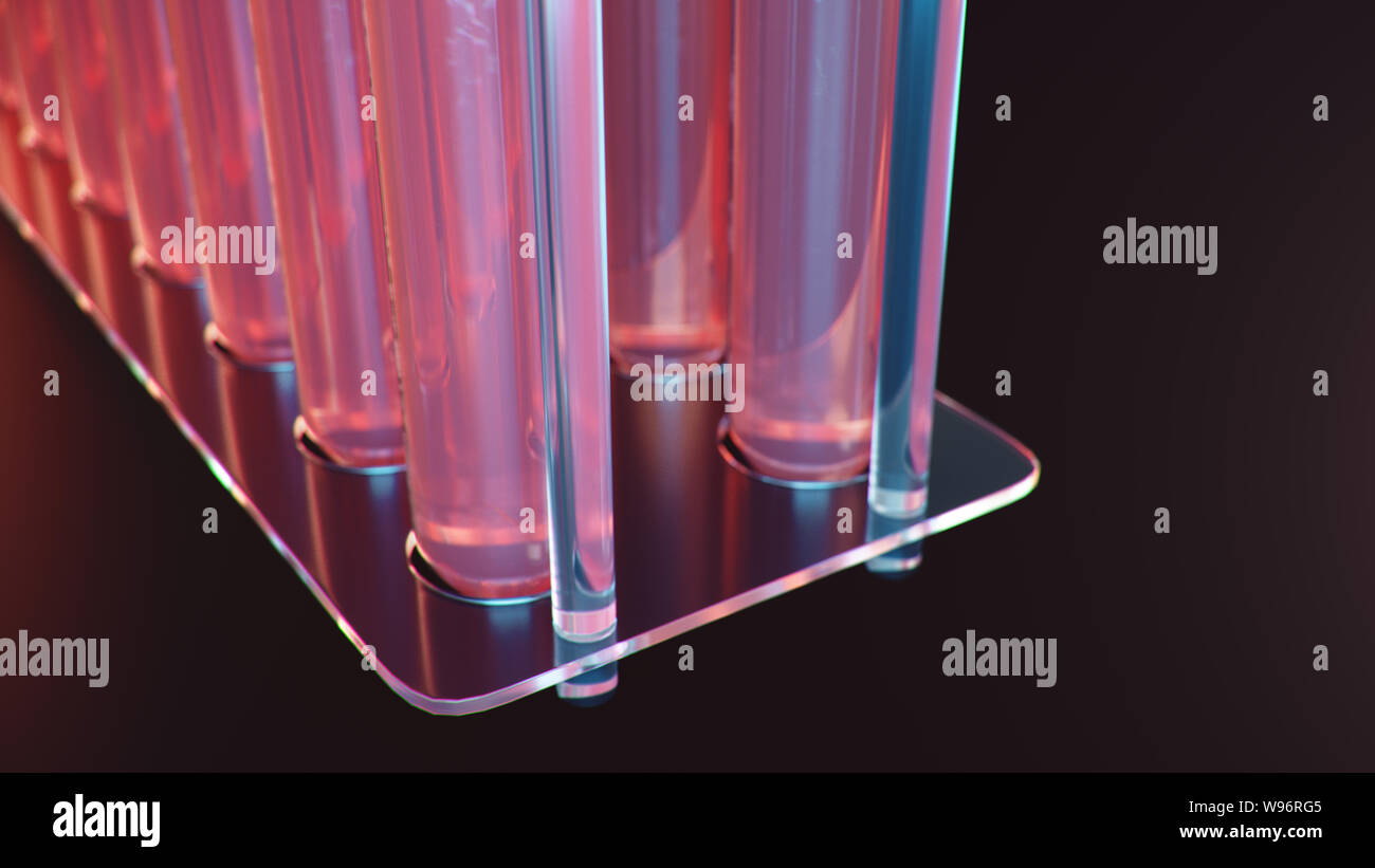 Wissenschaft Forschung im Labor. Entwicklung von Medizintechnik. Ein Durchbruch in der Biotechnologie. Rote Flüssigkeit im Reagenzglas als Kraftstoff Stockfoto