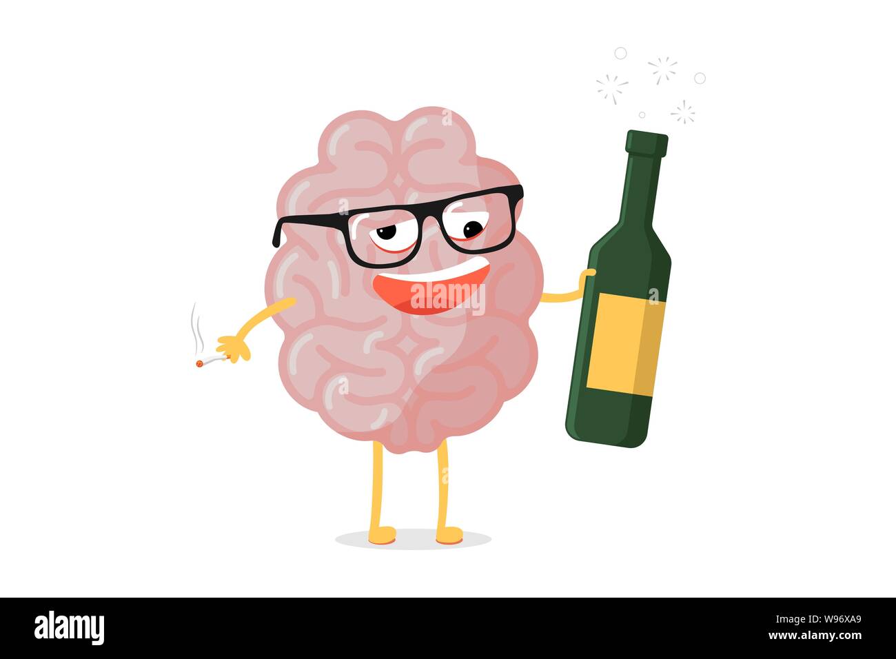 Lustige Cartoon ungesunde Gehirn Charakter. Krank betrunken menschlichen Anatomie innere Organ Maskottchen mit Alkohol Flasche und Zigarette. Vektor Alkoholismus Illustration Stock Vektor