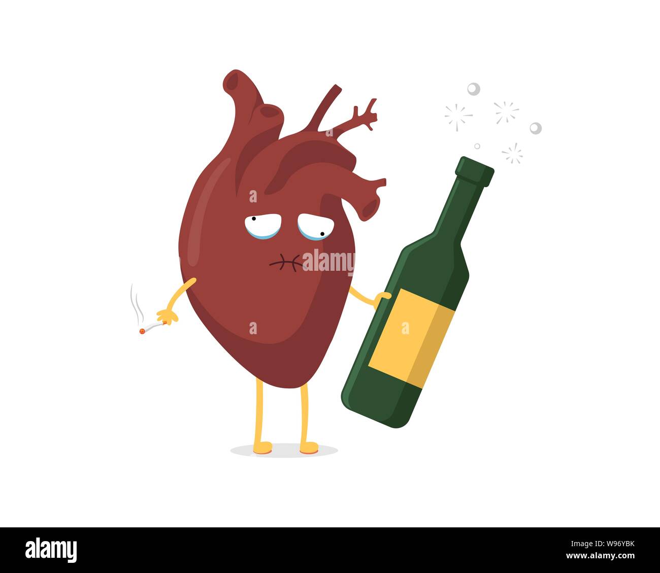 Traurig ungesunden Krank cartoon Herzen Charakter mit Alkohol Flasche und Zigarette. Den menschlichen Kreislauf- Orgel Maskottchen Schmerzen schlechte Emotion. Vector Illustration Stock Vektor