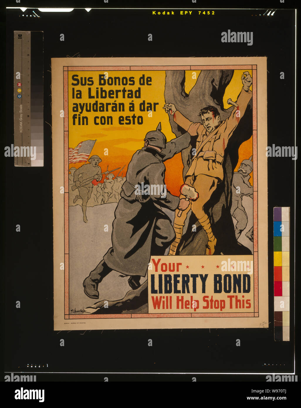 Poster, deutscher Soldaten Nageln ein Mann an einen Baum, als amerikanische Soldaten zu seiner Rettung. Ihre Freiheit Anleihe wird helfen, diese - Sus Bonos de la Libertad ayudarán á dar fin con Esto stoppen. In Manila vom Präsidium des Druckens veröffentlicht. Plakat misst 72 mal 56 Zentimeter (28×22). Stockfoto