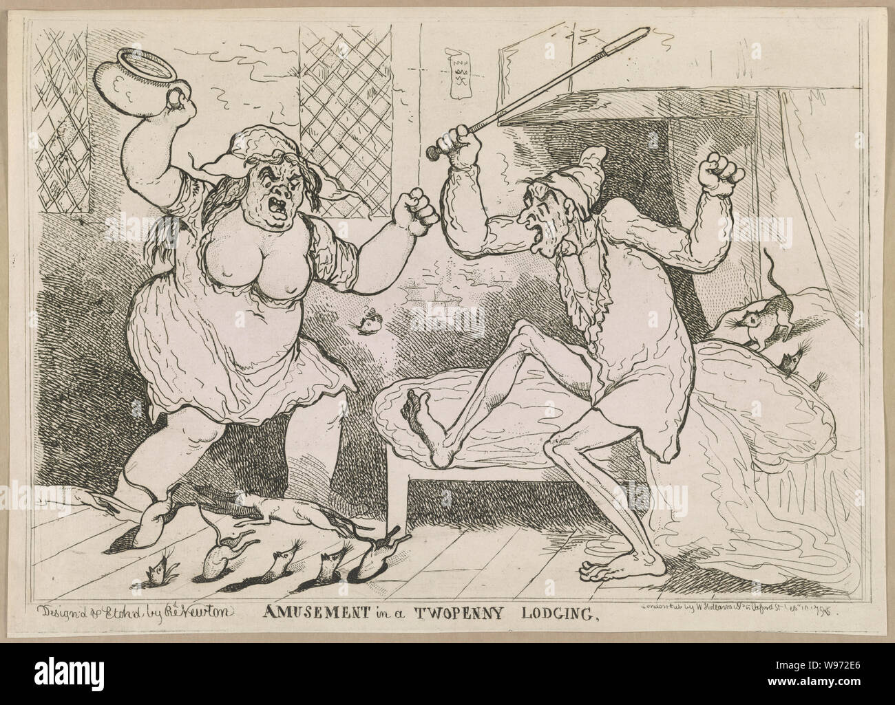 Unterhaltung in einem twopenny Unterbringung/Design und Etch von Rd. Newton. Stockfoto