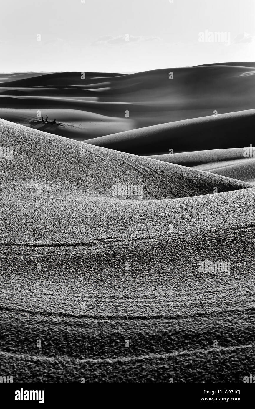 Hohe Graustufen Vertrag von trockenen leblose einsame Sanddünen bei Sonnenuntergang unter Himmel zu abstrakten vertikalen Stückchen Sand Wellen, Dips und Stößen zersplittert. Stockfoto