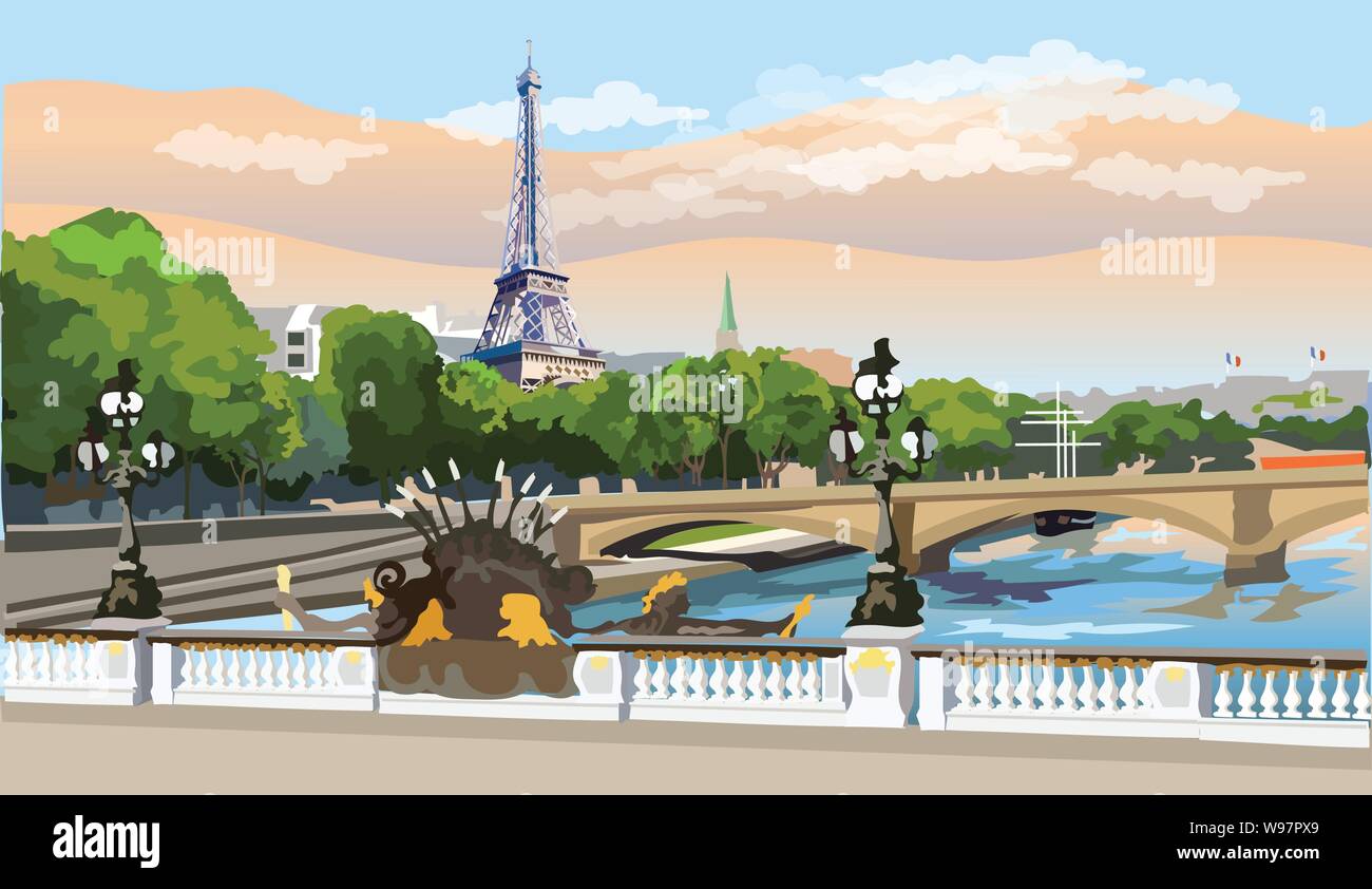 Bunte vektor Abbildung: Eiffelturm, Wahrzeichen von Paris, Frankreich. Panoramablick auf das Stadtbild mit Eiffelturm und Pont Alexandre III, mit Blick auf Seine r Stock Vektor