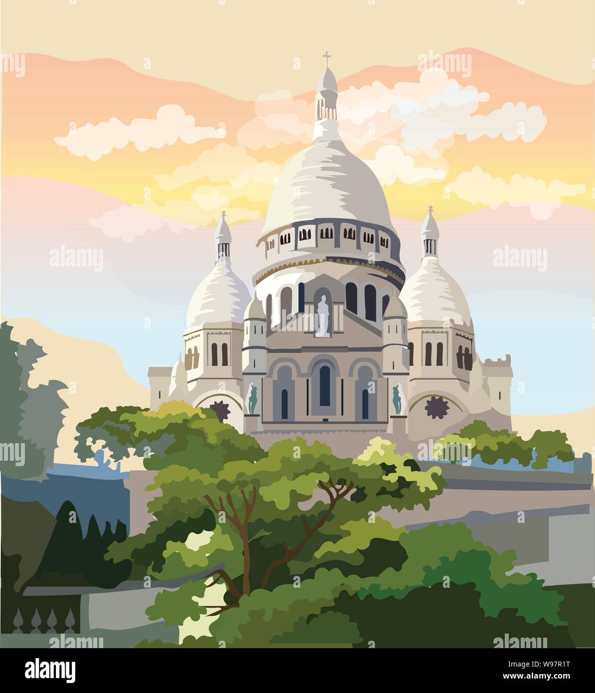 Bunte vektor Illustration des Montmartre, Wahrzeichen von Paris, Frankreich. Stadtbild mit Basilika Sacre Coeur. Bunte vektor Illustration, Stadtbild von Stock Vektor