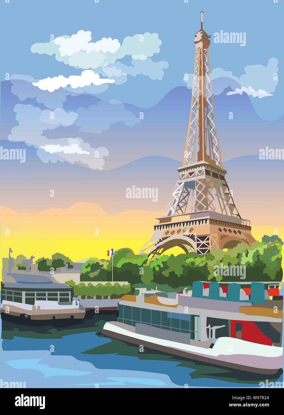 Bunte vektor Abbildung: Eiffelturm, Wahrzeichen von Paris, Frankreich. Stadtbild mit dem Eiffelturm, mit Blick auf Seine River Embankment. Bunte Vektor Stock Vektor