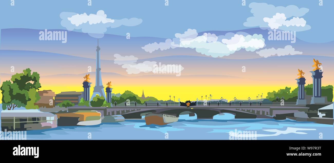 Bunte vektor Abbildung: Eiffelturm, Wahrzeichen von Paris, Frankreich. Panoramablick auf das Stadtbild mit Eiffelturm und Pont Alexandre III, mit Blick auf Seine r Stock Vektor