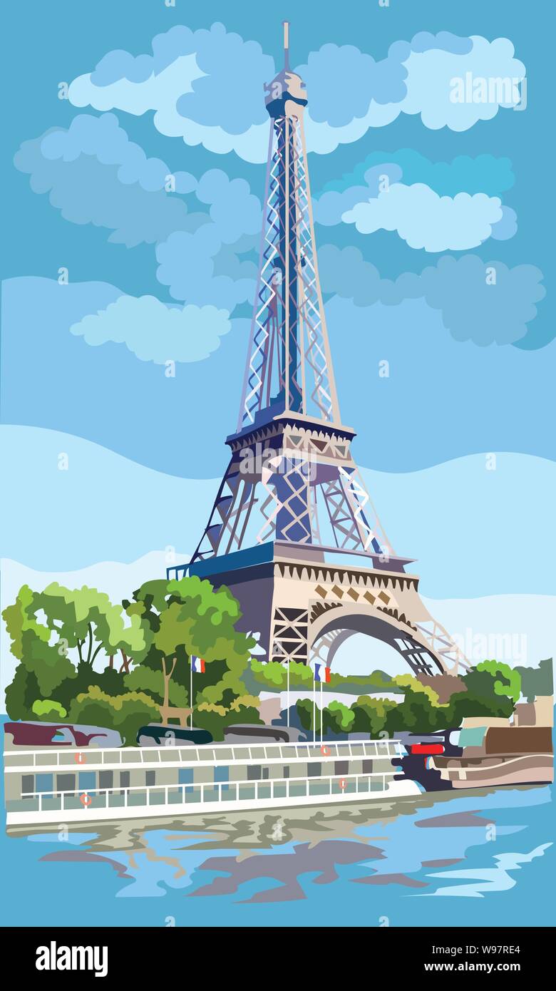 Bunte vektor Abbildung: Eiffelturm, Wahrzeichen von Paris, Frankreich. Stadtbild mit dem Eiffelturm, mit Blick auf Seine River Embankment. Stock Vektor