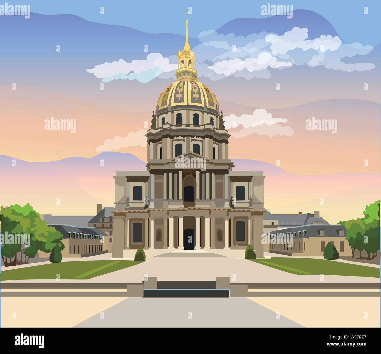 Bunte vektor Illustration der Nationalen Residenz der Invaliden, Wahrzeichen von Paris, Frankreich. Bunte vektor Illustration, Stadtbild von Paris. Stock Vektor