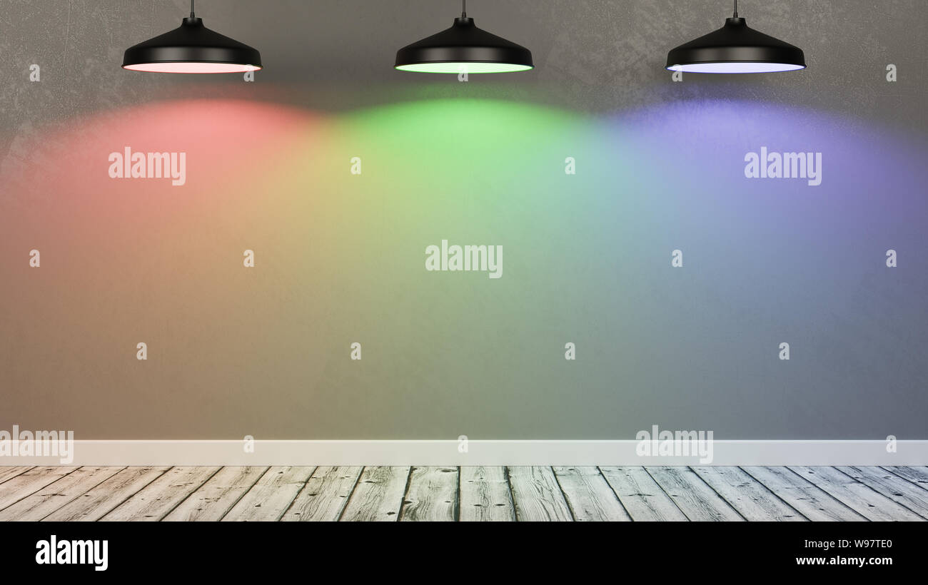 Holzboden leeren Raum mit einer grauen Wand beleuchtet von Rot, Grün und Blau Licht Lampen 3D-Darstellung Stockfoto