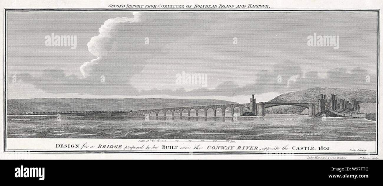 Design für eine Brücke in den Conway Fluss gebaut, gegenüber dem Schloss 1802 sein. Stockfoto