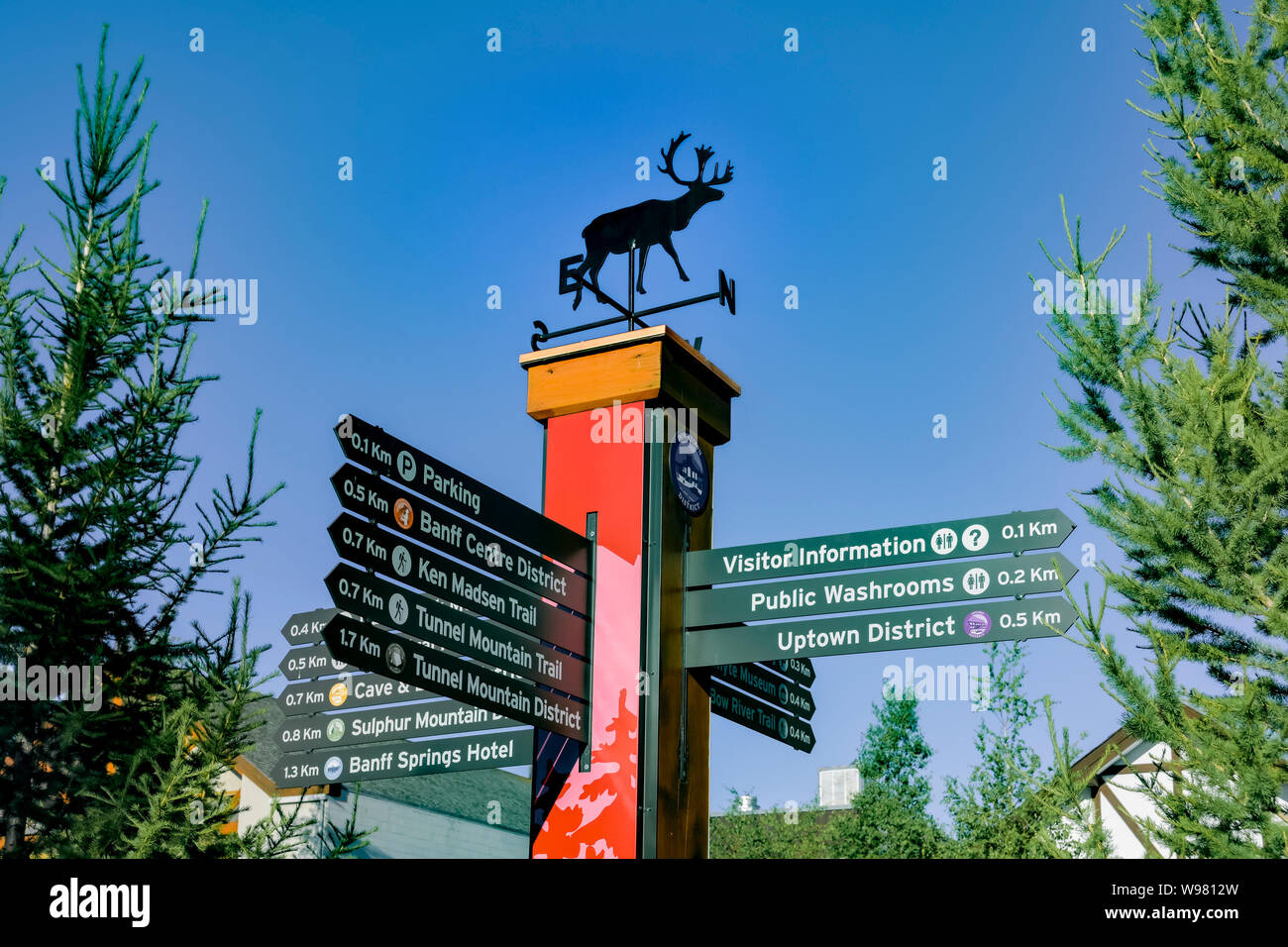 Richtungen, Schild, Stadt Banff Avenue, Banff, Banff National Park, Alberta, Kanada Stockfoto