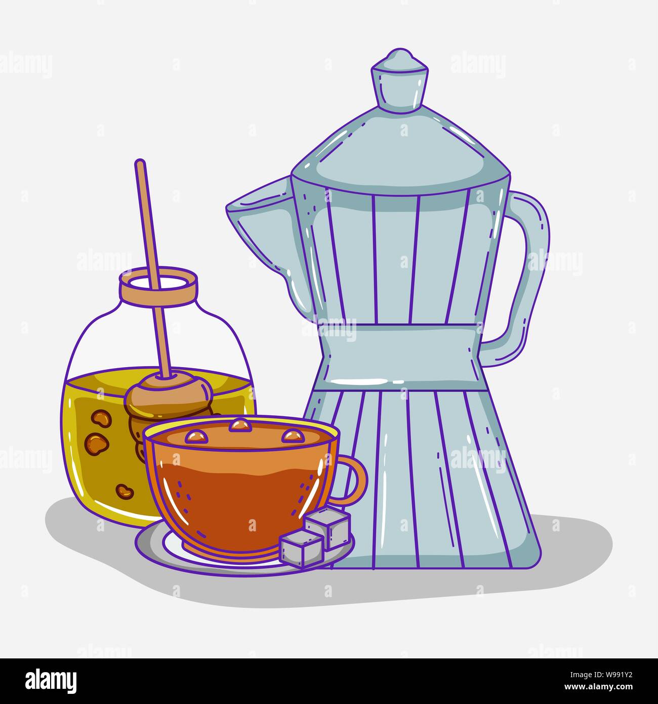 Moka pot Schale und Honig kaffee zeit Skizze flache Design Vector Illustration Stock Vektor
