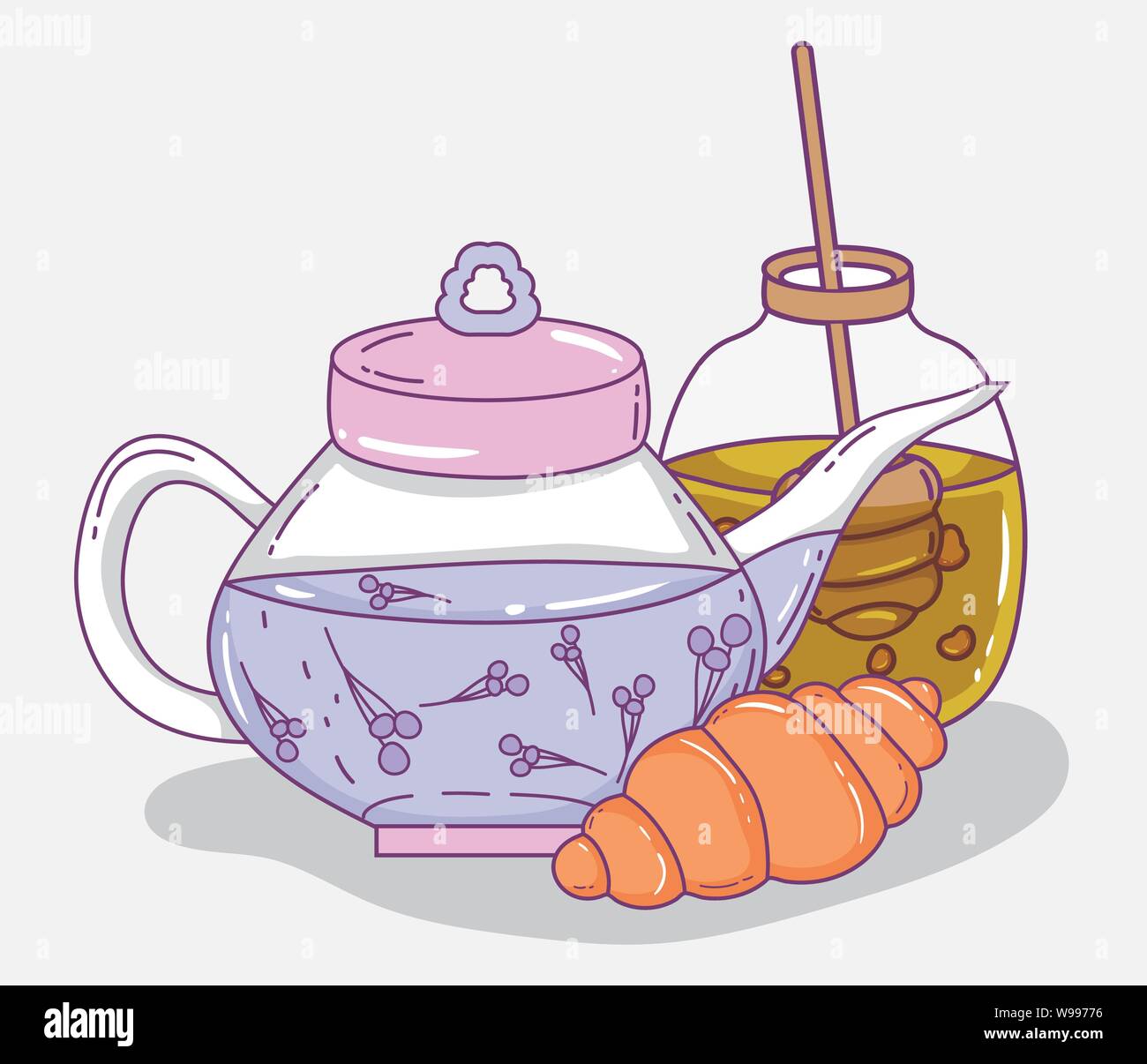 Wasserkocher Tee Honig und Croissant Skizze flache Design Vector Illustration Stock Vektor