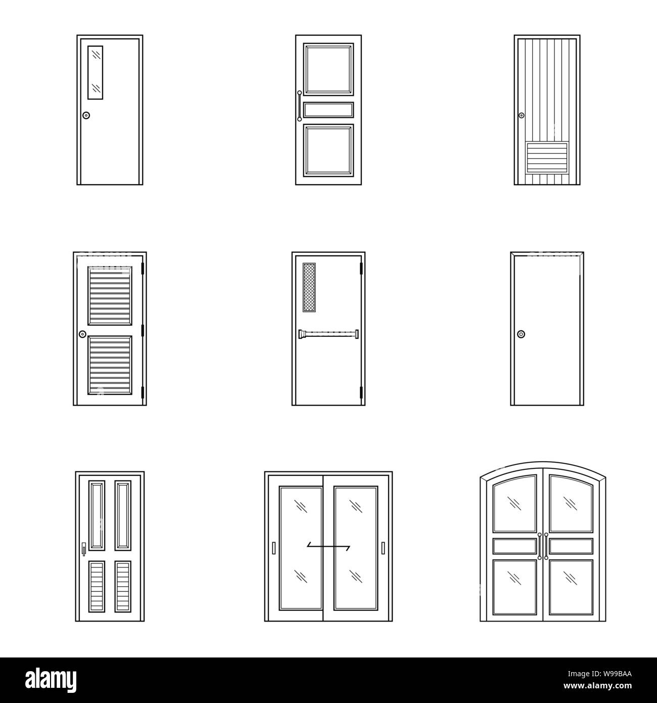 Einstellen der schwarzen und weißen Türen Symbol. Interior Design lineare Anzeichen für zu Hause, Vektor, Abbildung Stock Vektor