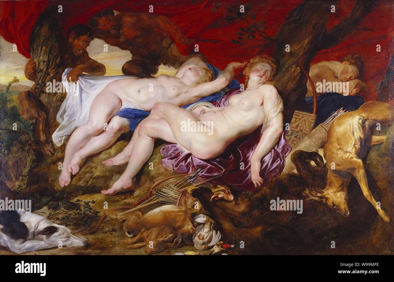 Diana und ihre nymphen Bespitzelt von Satyrn, von Peter Paul Rubens. Stockfoto