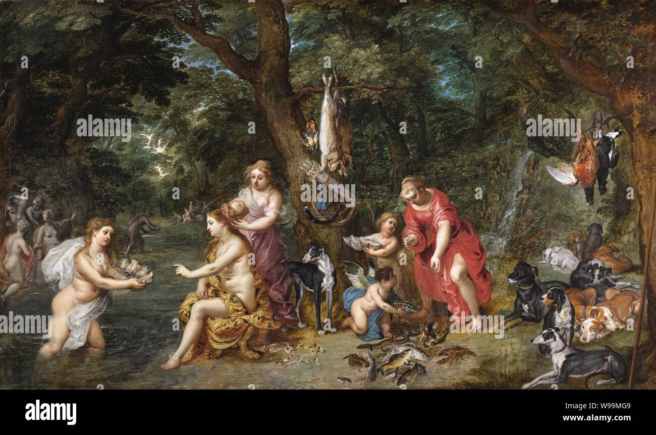 Diana und ihre nymphen nach der Jagd, von Jan Brueghel der Ältere, Hendrik van Balen I. Stockfoto