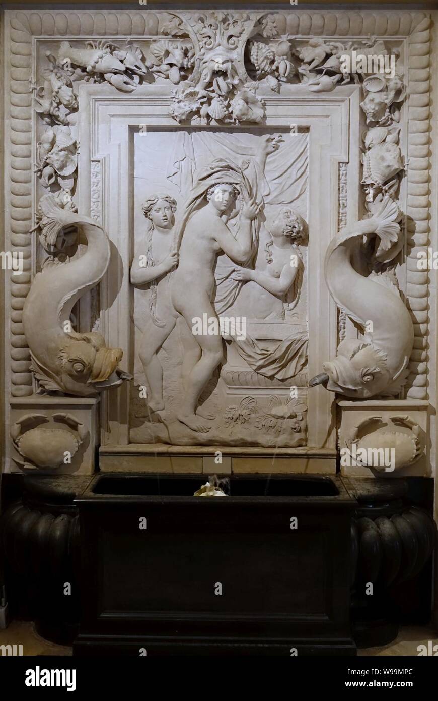 Diana Baden Brunnen Relief, England, Anfang 1600 s, Marmor - Chatsworth House - Derbyshire, England - Stockfoto