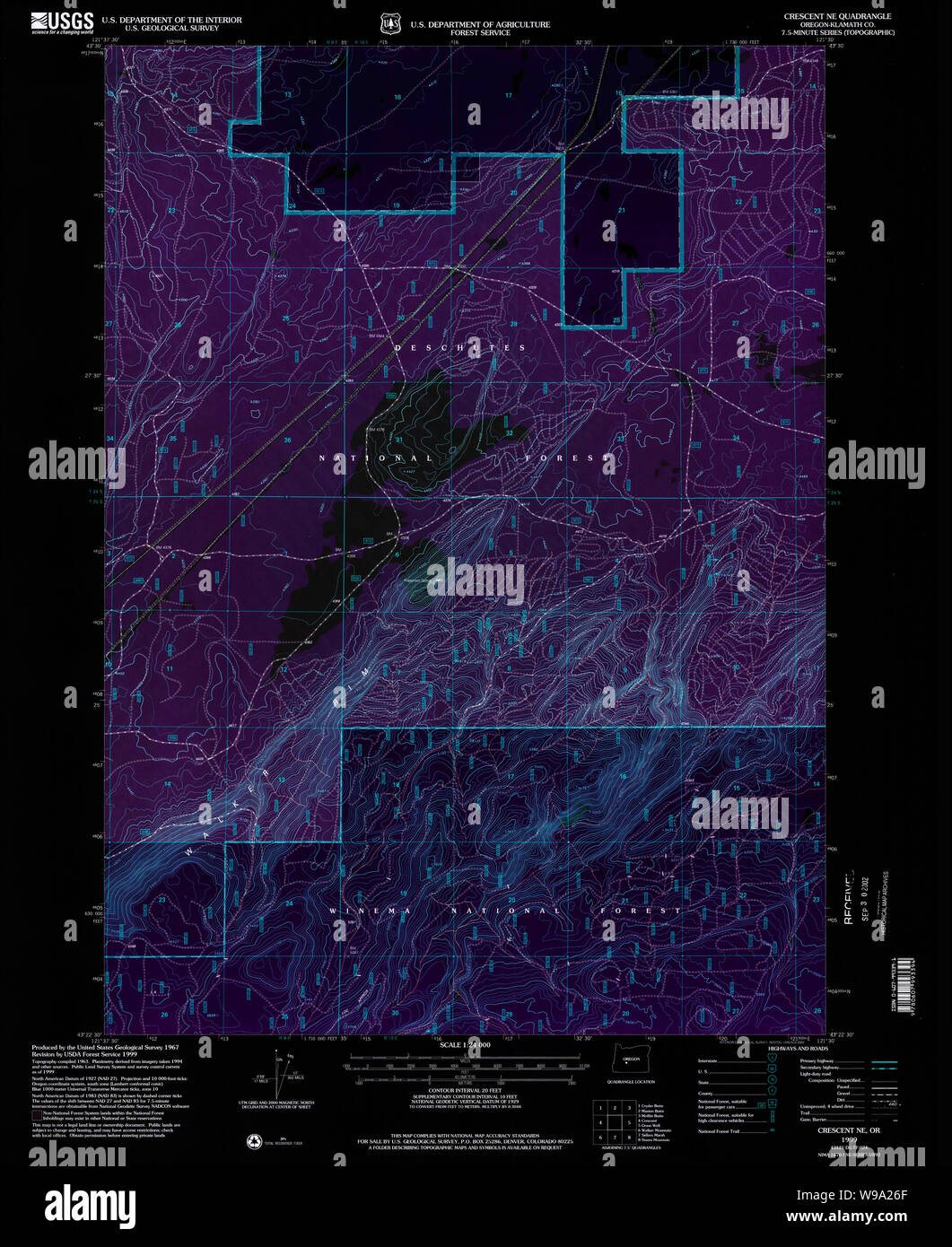 USGS Topo Karte Oregon Crescent NE 279515 1999 24000 invertiert Wiederherstellung Stockfoto USGS Topo Karte Oregon Crescent NE 279515 1999 24000 invertiert Wiederherstellung Stockfoto
