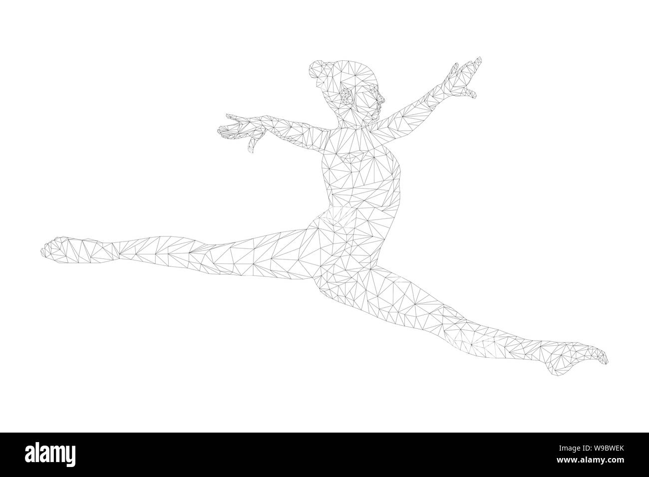 Split springen Frau Gymnast in Gymnastik. polygonalen Drahtmodell Stockfoto