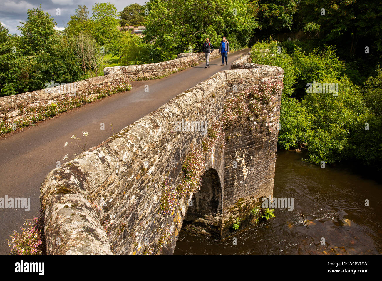 Großbritannien, England, Devon, Staverton, zwei männliche Wanderer Kreuzung alte steinerne Brücke über Fluss Dart Stockfoto