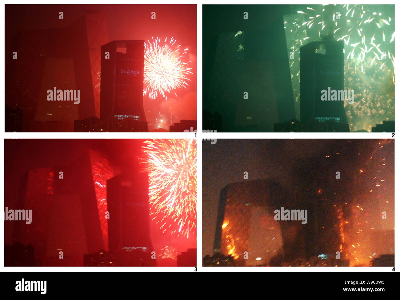 Dieser zusammengesetzte Foto zeigt den Prozess des Mandarin Oriental Hotel Gebäude in der Nähe des neuen CCTV-Turm beim Laternenfest in Beijin verbrannt Stockfoto
