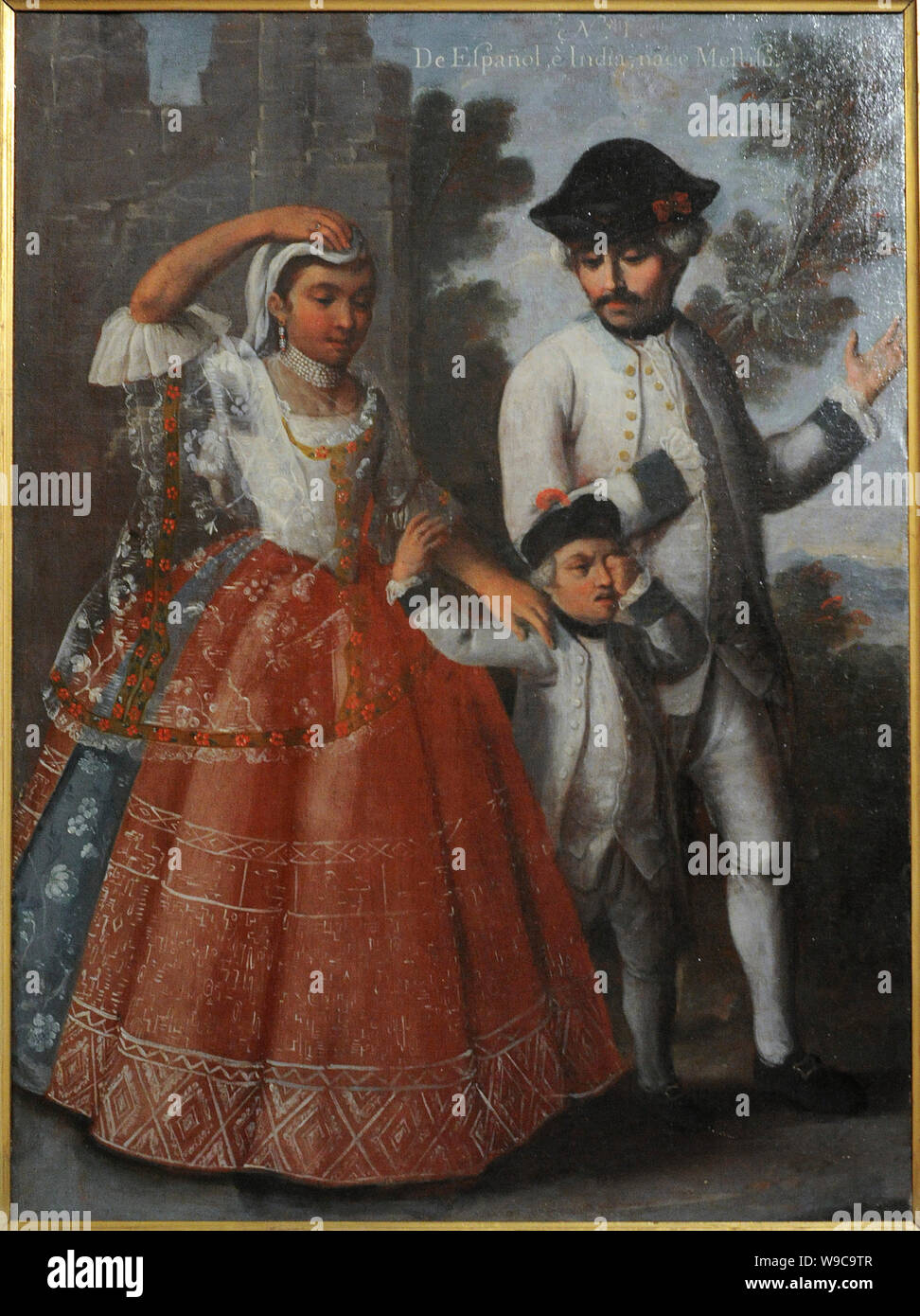 Andres de Islas (Maler aktiv während der zweiten Hälfte des 18. Jahrhunderts). Castas, Nr. 1. De español e Indien, NACE-mestizo (von Spaniard und Inder, ein MESTIZO IST GEBOREN), 1774. Öl auf Leinwand (75 x 54 cm). Casta Gemälde. Vizekönigreich Neuspanien. Mexikanischen Schule. Mexiko. Museum des Amerikas. Madrid, Spanien. Stockfoto