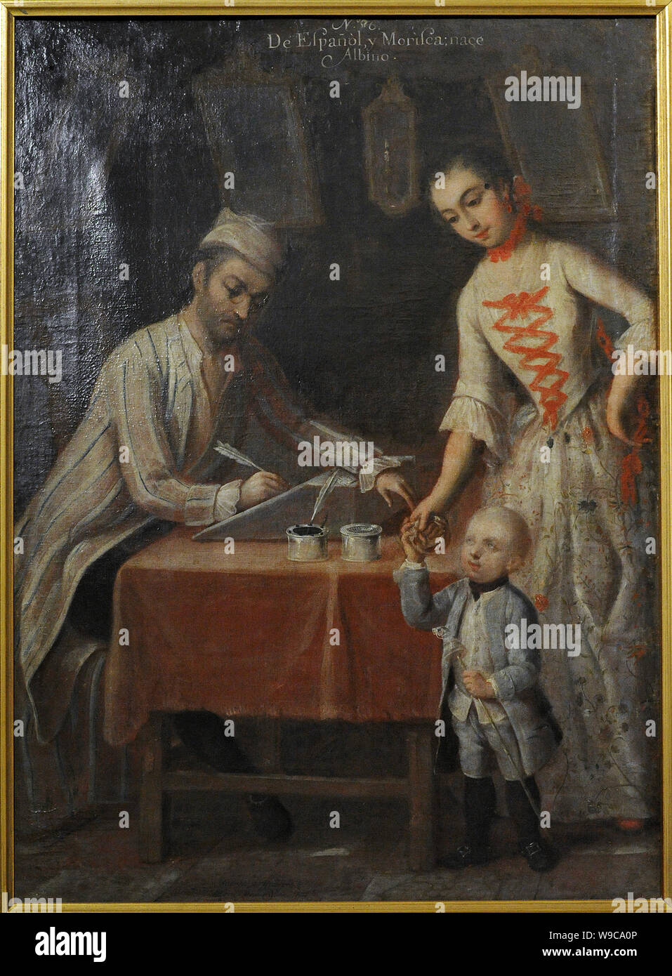 Andres de Islas (Maler aktiv während der zweiten Hälfte des 18. Jahrhunderts). Castas, Nr. 6. De español y Morisca, nace Albino (von Spaniard und Morisca, ein Albino geboren ist), 1774. Öl auf Leinwand (75 x 54 cm). Vizekönigreich Neuspanien. Mexiko. Museum des Amerikas. Madrid, Spanien. Stockfoto