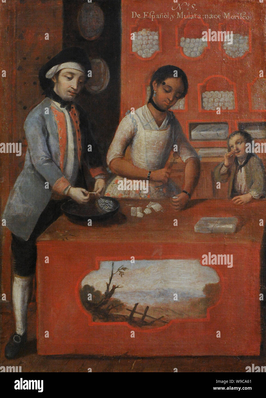 Andres de Islas (Maler aktiv während der zweiten Hälfte des 18. Jahrhunderts). Castas, Nr. 5. De español y mulata, nace Morisco (von Spaniard und Mulatta, ein morisco Geboren ist), 1774. Öl auf Leinwand (75 x 54 cm). Vizekönigreich Neuspanien. Mexiko. Museum des Amerikas. Madrid, Spanien. Stockfoto