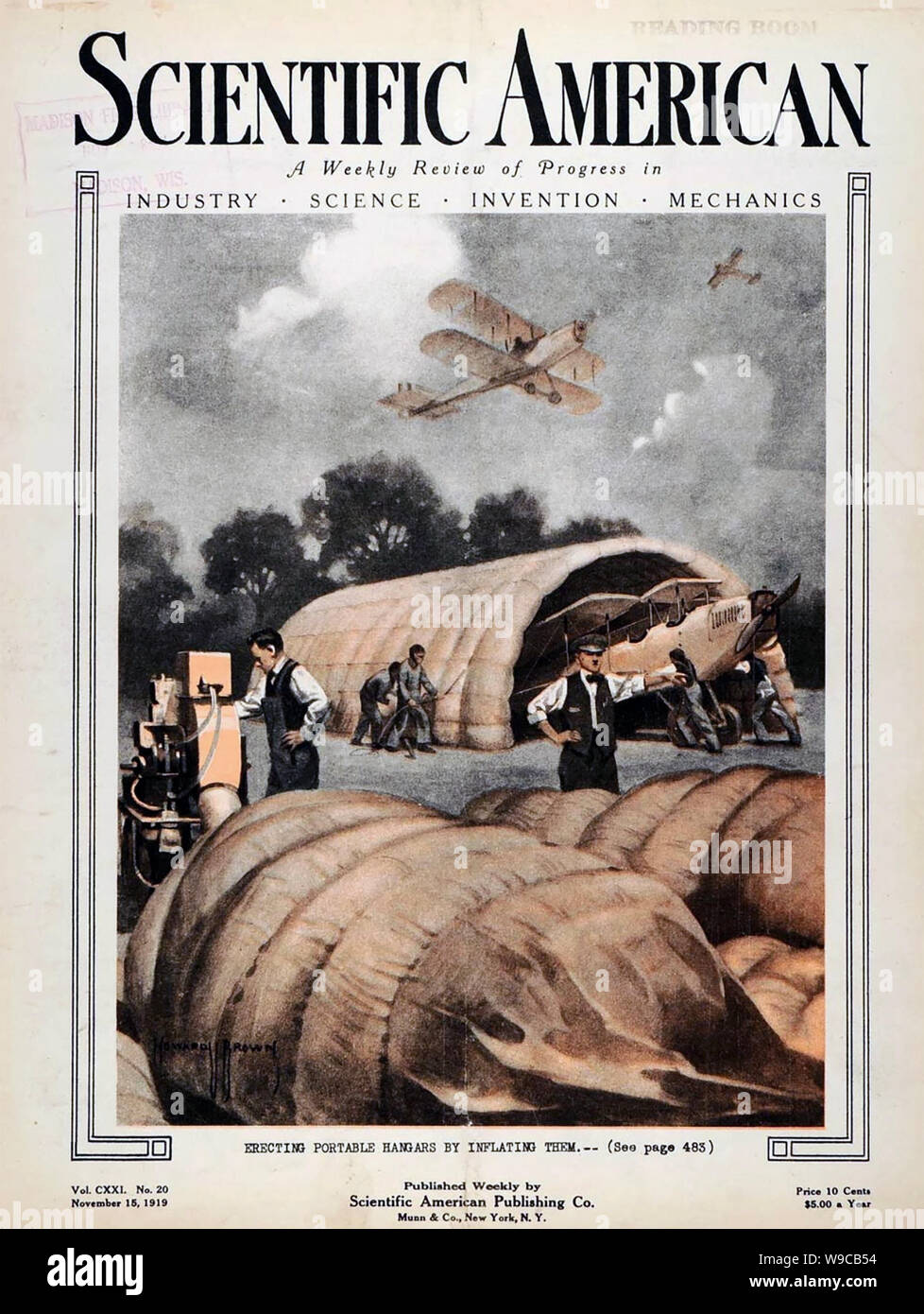 SCIENTIFIC AMERICAN EINE 1919 Ausgabe der amerikanischen Zeitschrift zeigt eine aufblasbare Flugzeugaufhänger auf der Abdeckung Stockfoto