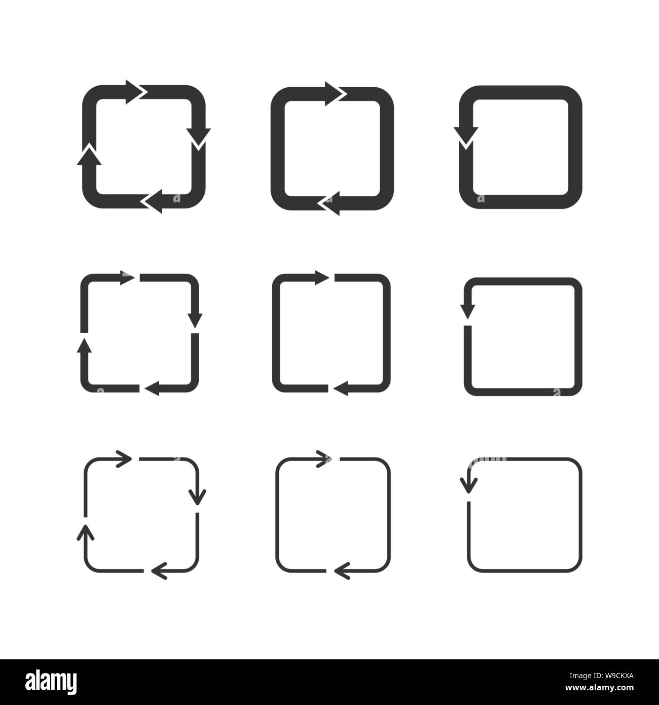 Satz von Rechteck loop Symbole auf dem weißen Hintergrund. Rechteck Pfeile Zeichen gesetzt. Aktualisieren, Laden, Recycling, Zyklus rotation Zeichen. Abgerundetes Quadrat loop. Schwarz Stock Vektor