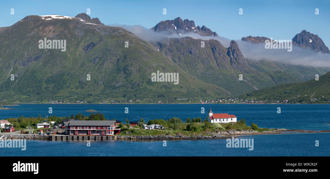 Sildpollnes Kirche, Lofoten, Norwegen. Stockfoto