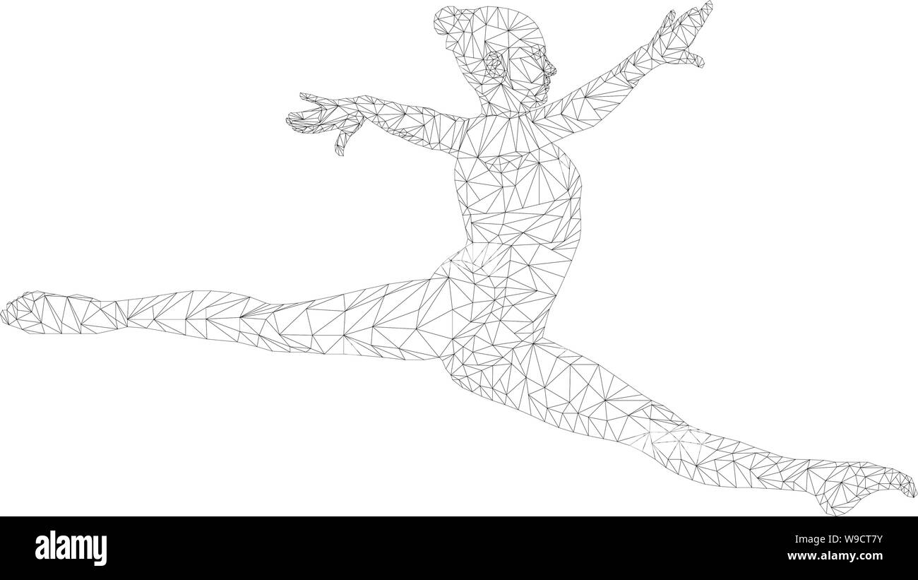 Split springen Frau Gymnast in Gymnastik. polygonalen Drahtmodell Stock Vektor