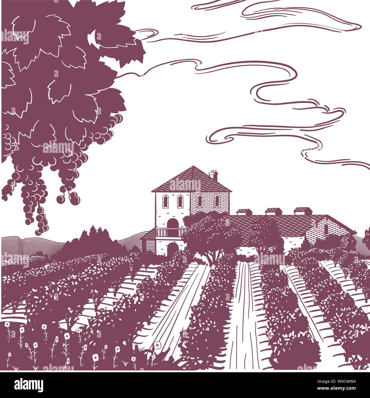 Weinberg line Art, mit Reihen der Weinreben, mit einer Weinrebe im Vordergrund und ein Gebäude, eine bewölkte Himmel und die Berge Stock Vektor