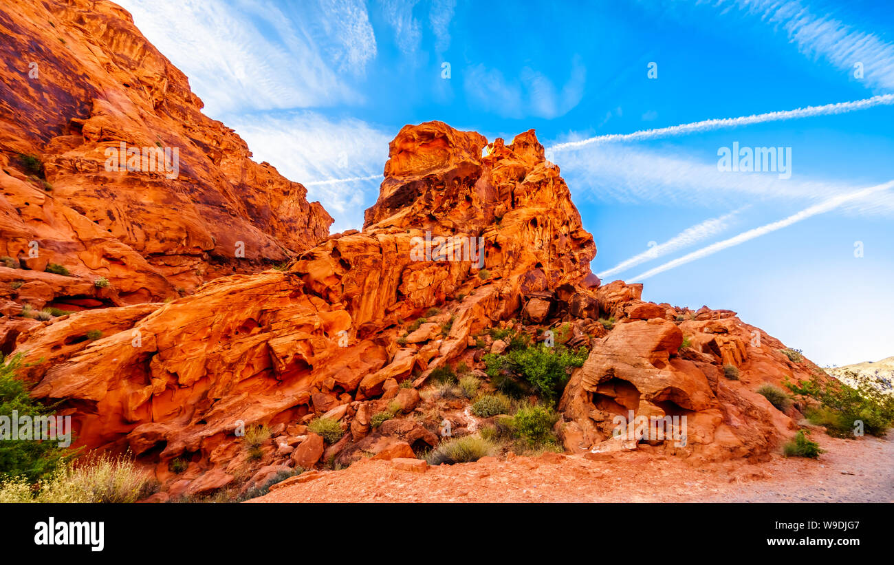 Die Erosion der Roten Aztec Sandstein Berge bei Sonnenaufgang an der Maus Tank Straße in Der Tal des Feuers Staatspark in Nevada, USA Stockfoto