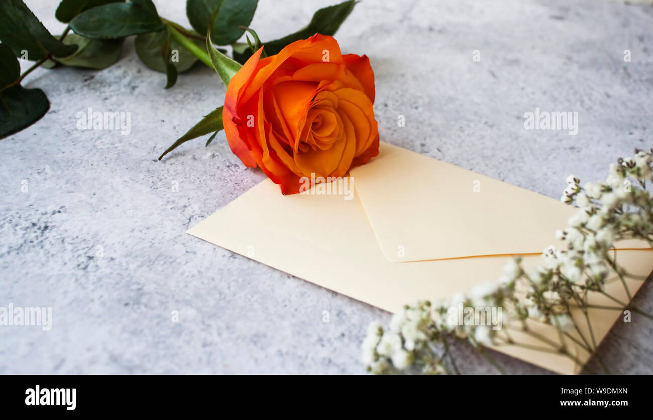 Nahaufnahme von einem schönen orange Rose und einen Brief für eine besondere Person. Stockfoto