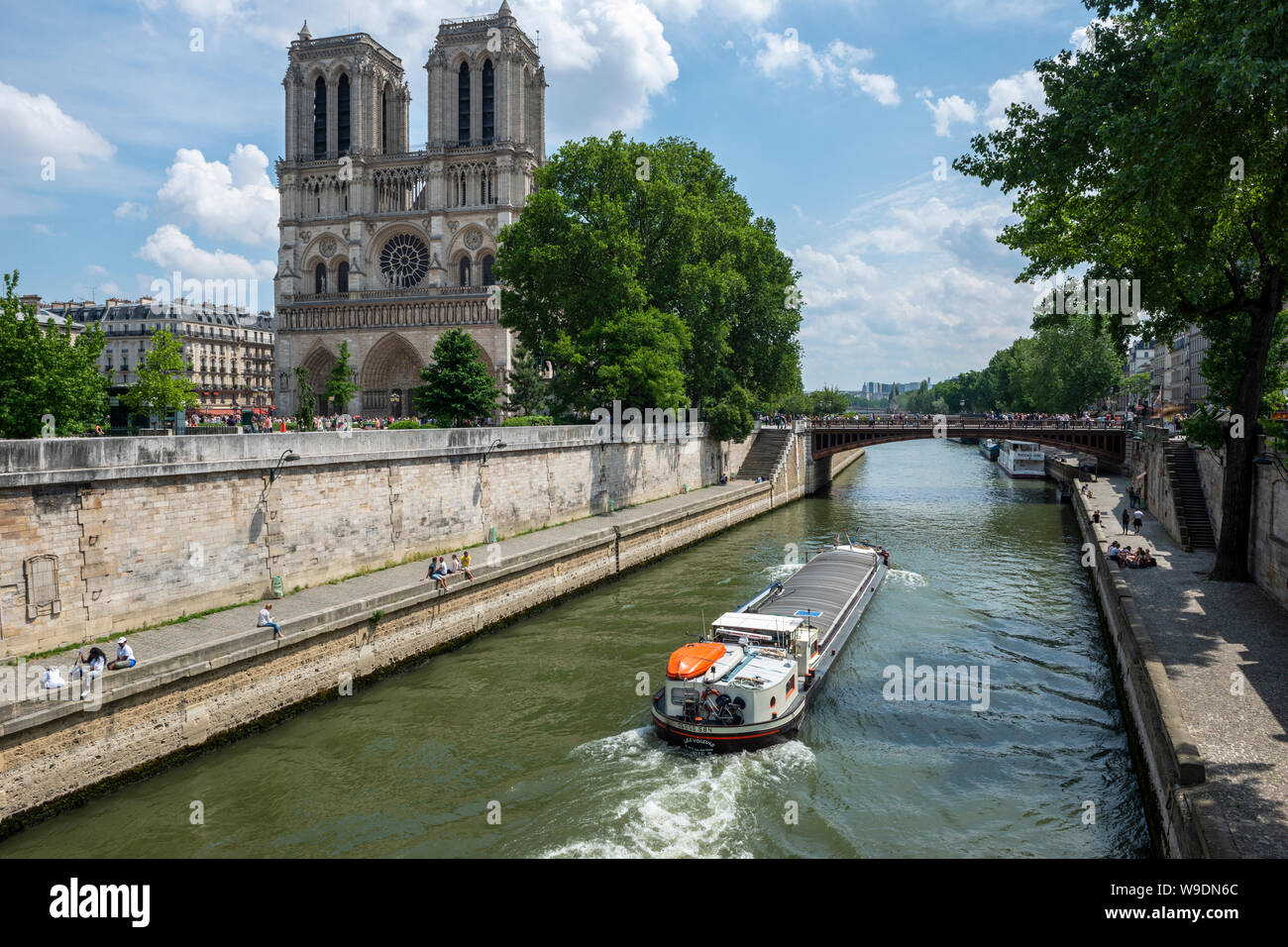 Schiff auf dem Fluss Seine Annäherung an Pont au Double Bridge mit der Kathedrale Notre-Dame auf der linken Seite, Ile de la Cité, Paris, Frankreich Stockfoto