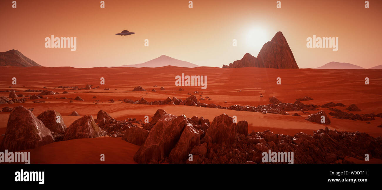 Ein UFO schwebt über dem Mars Landschaft (3D-Rendering) Stockfoto