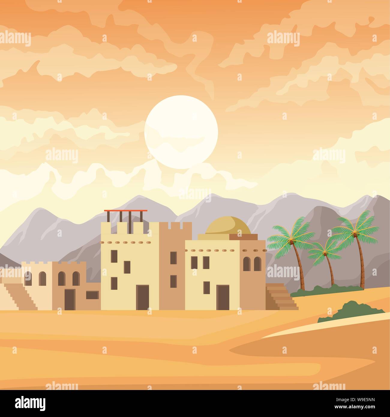 Indien Gebäude in der Wüste Landschaft Cartoon Stock Vektor