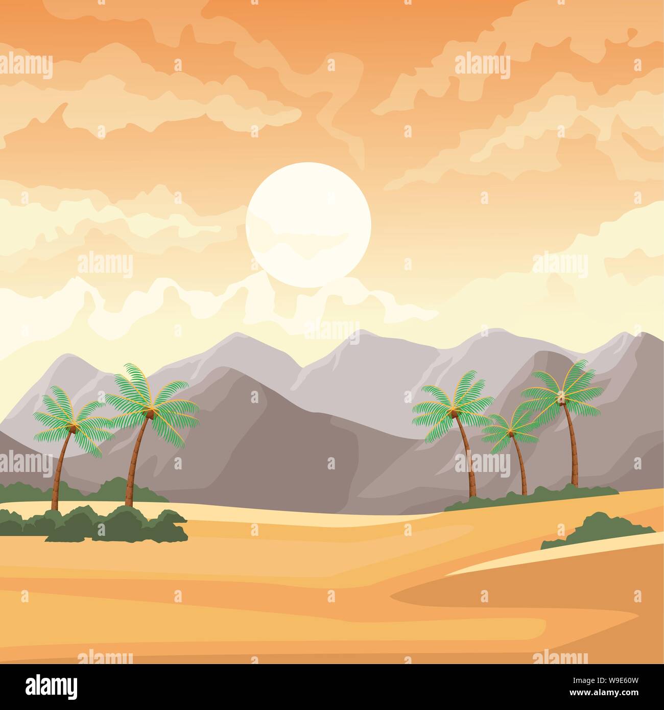 Desertscape Landschaft mit Palmen und Berge Stock Vektor