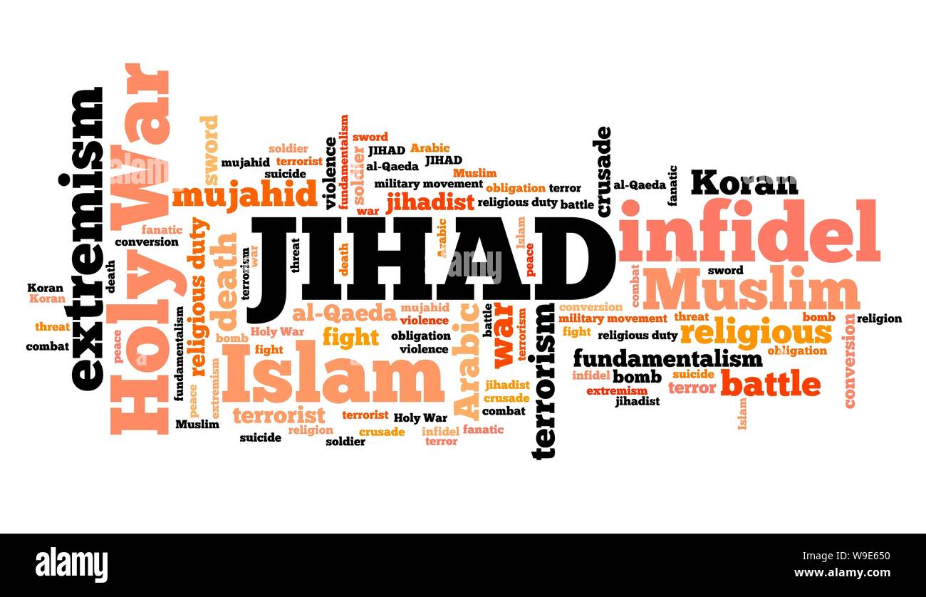 Dschihad - Heiliger Krieg Extremismus gegen Ungläubige. Wort Wolke anmelden. Stockfoto