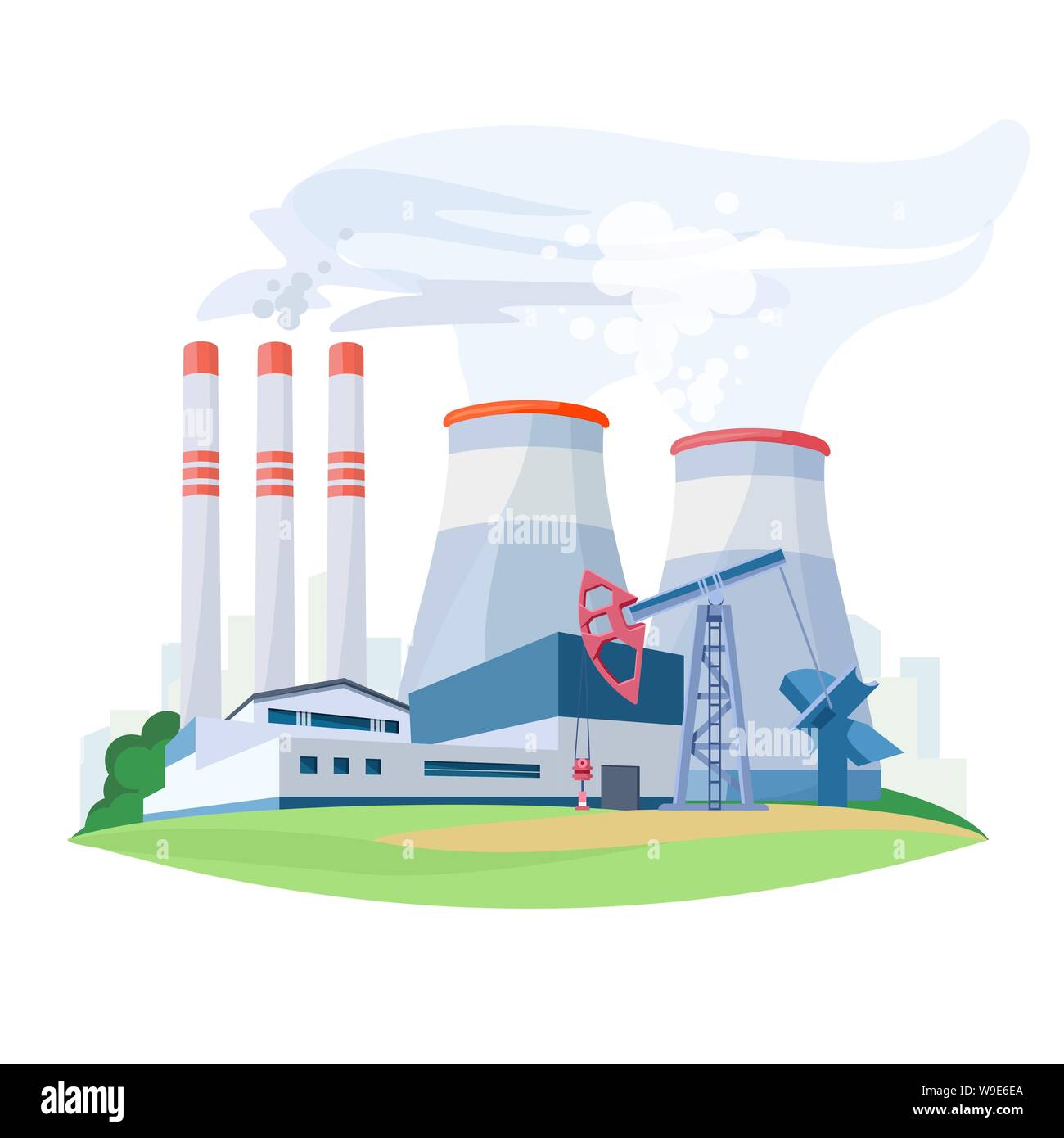 Fossil Fuel Power Station Factory mit Umweltverschmutzung Rohre. Öl Produktionsanlage. Vektor Stock Vektor