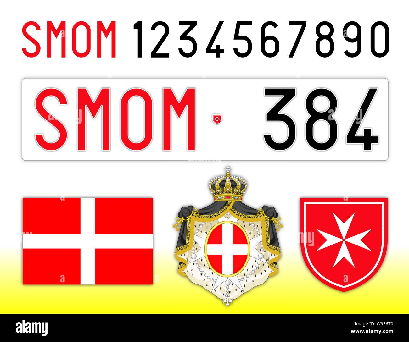 SMOM Souveränen Malteserordens Auto Nummernschild, Buchstaben, Zahlen und Symbole Stock Vektor