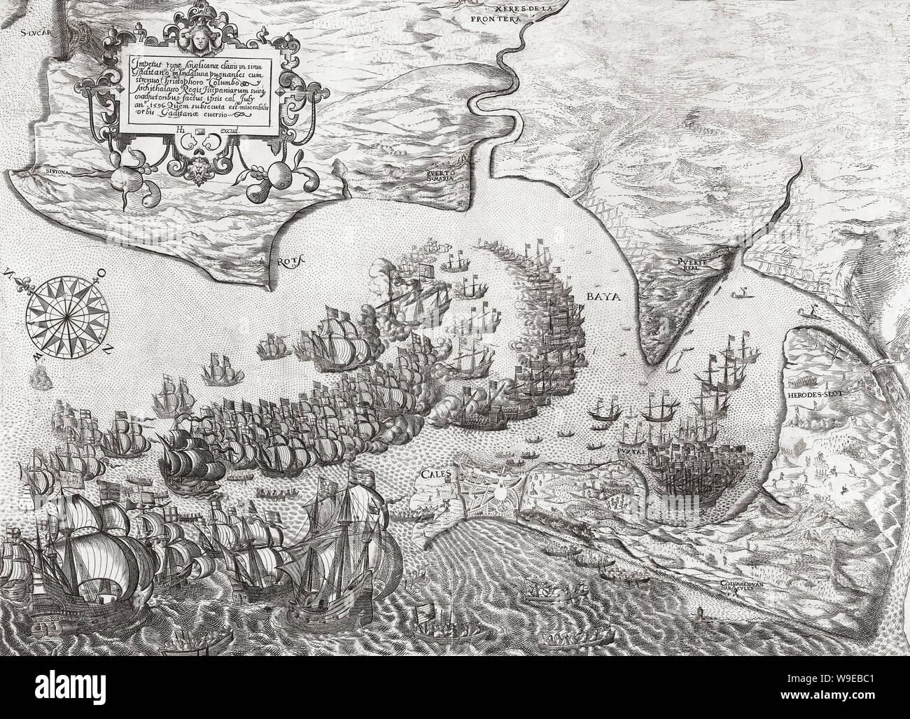 Niederlage der spanischen Flotte und dem Sturz von Cadiz, am 1. Juli 1596 durch ein britisch-niederländische Flotte während der anglo-spanish Krieg. Stockfoto