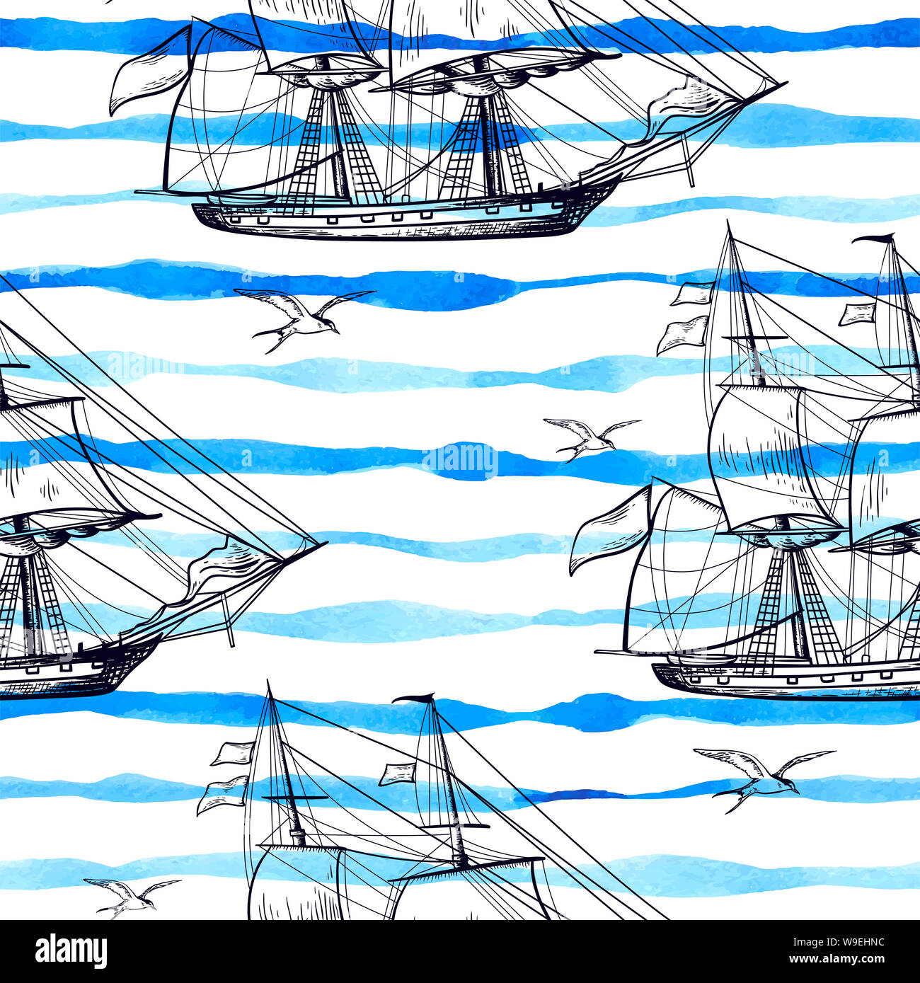 Marine nahtlose Muster mit Segelschiff und Blau aquarell Linien. Hand Hintergrund Stockfoto