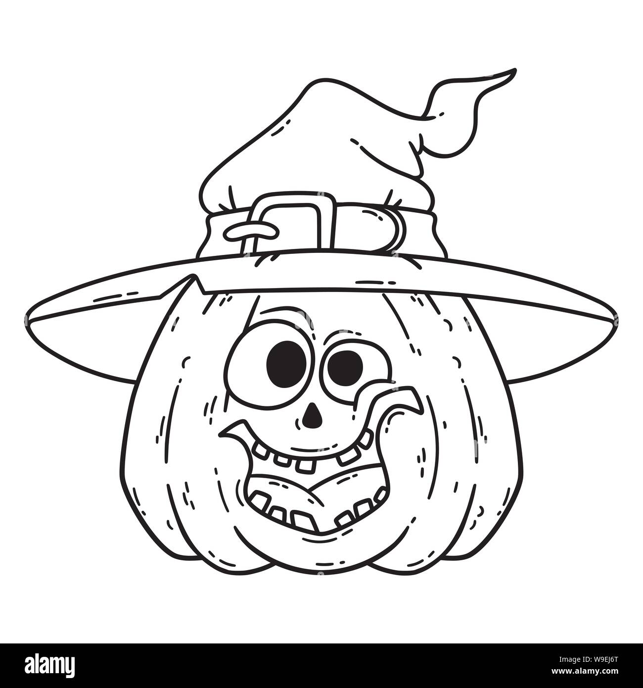 Lächelnd Halloween Kürbis. Kürbis mit Hexenhut. Pumpkinhead Jack. Vector Illustration auf weißem Hintergrund. Verwenden Sie zum Drucken, Poster, T-Sh Stock Vektor