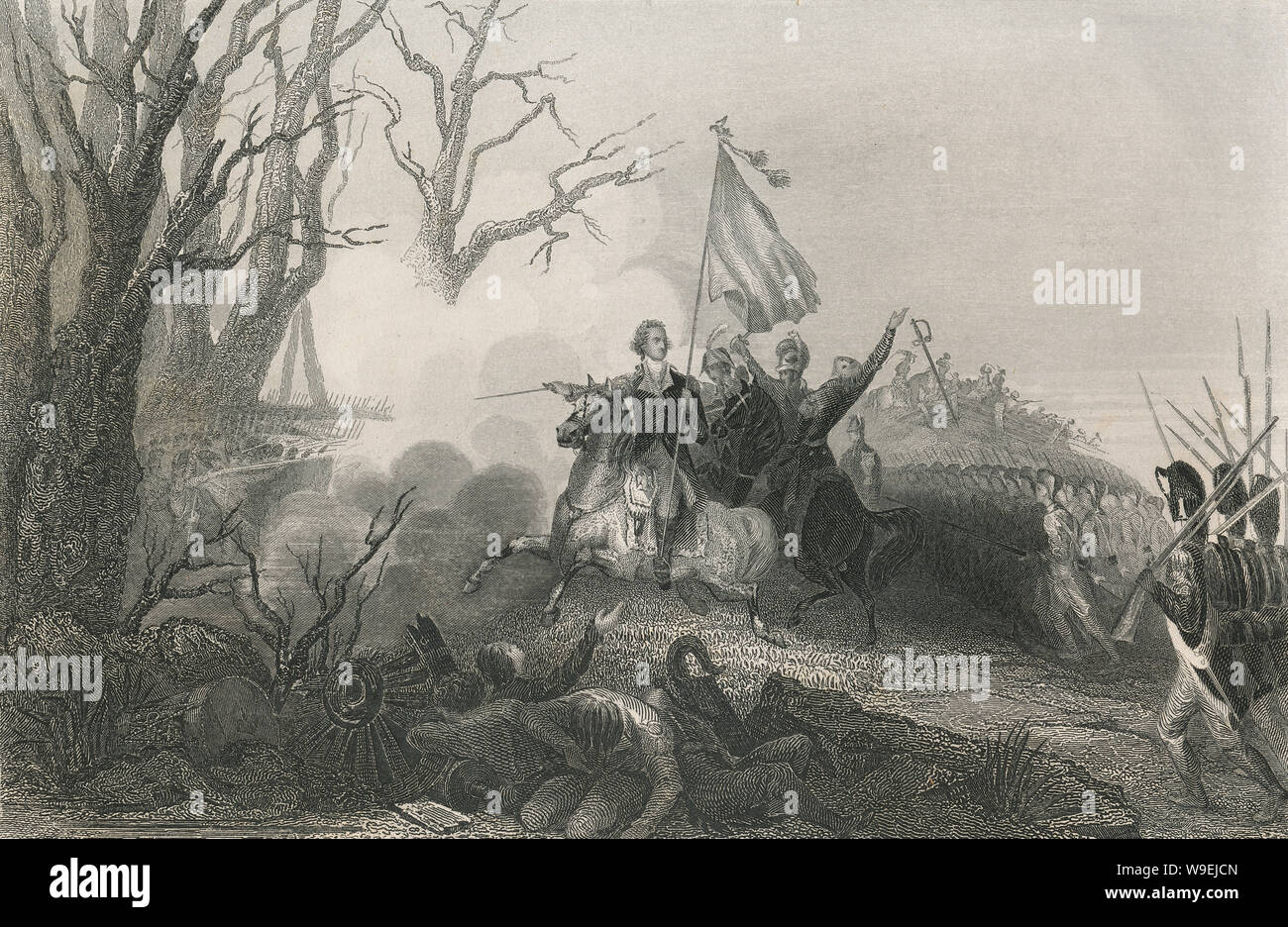 Antike 1873 Gravieren, George Washington in Princeton, New Jersey, in der Nähe der britischen Linien; ein Offizier in der Nähe von ihm geschossen. Von R.Hinshelwood gezeichnet; durch Smillie & Hinshelwood eingraviert. Die Schlacht von Princeton war eine Schlacht des Amerikanischen Unabhängigkeitskrieges, in der Nähe von Princeton, New Jersey am 3. Januar 1777 kämpfte und endet in einem kleinen Sieg für die Kolonisten. Quelle: ORIGINAL GRAVUR Stockfoto