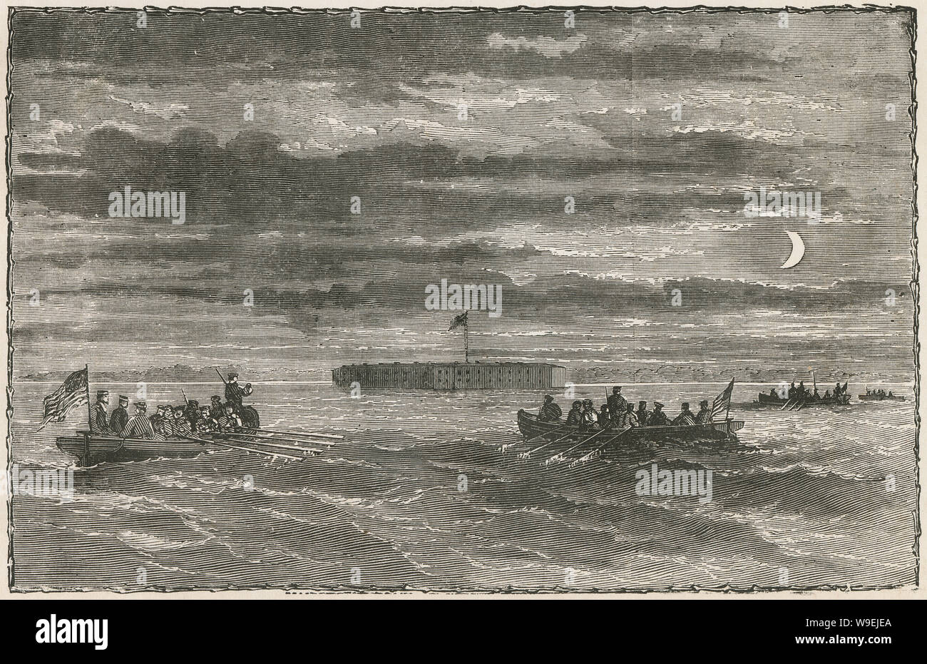 Antike 1873 Gravieren, Boote approachng Fort Sumter bei Nacht in South Carolina. Quelle: ORIGINAL GRAVUR Stockfoto